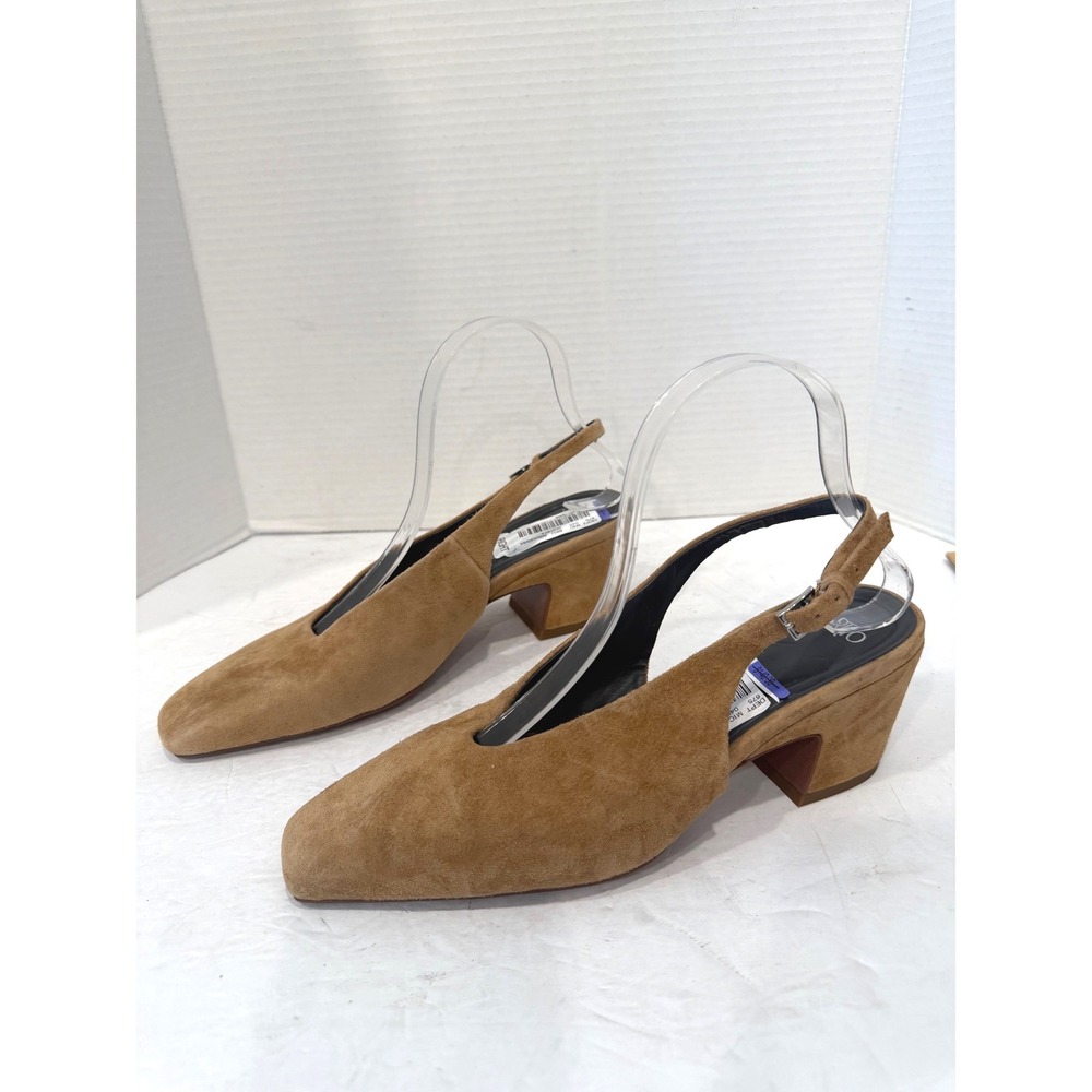 Sarto Tan‎ Suede New Square Toe Minimalist Strap Block Heel Slingback Shoes 8M